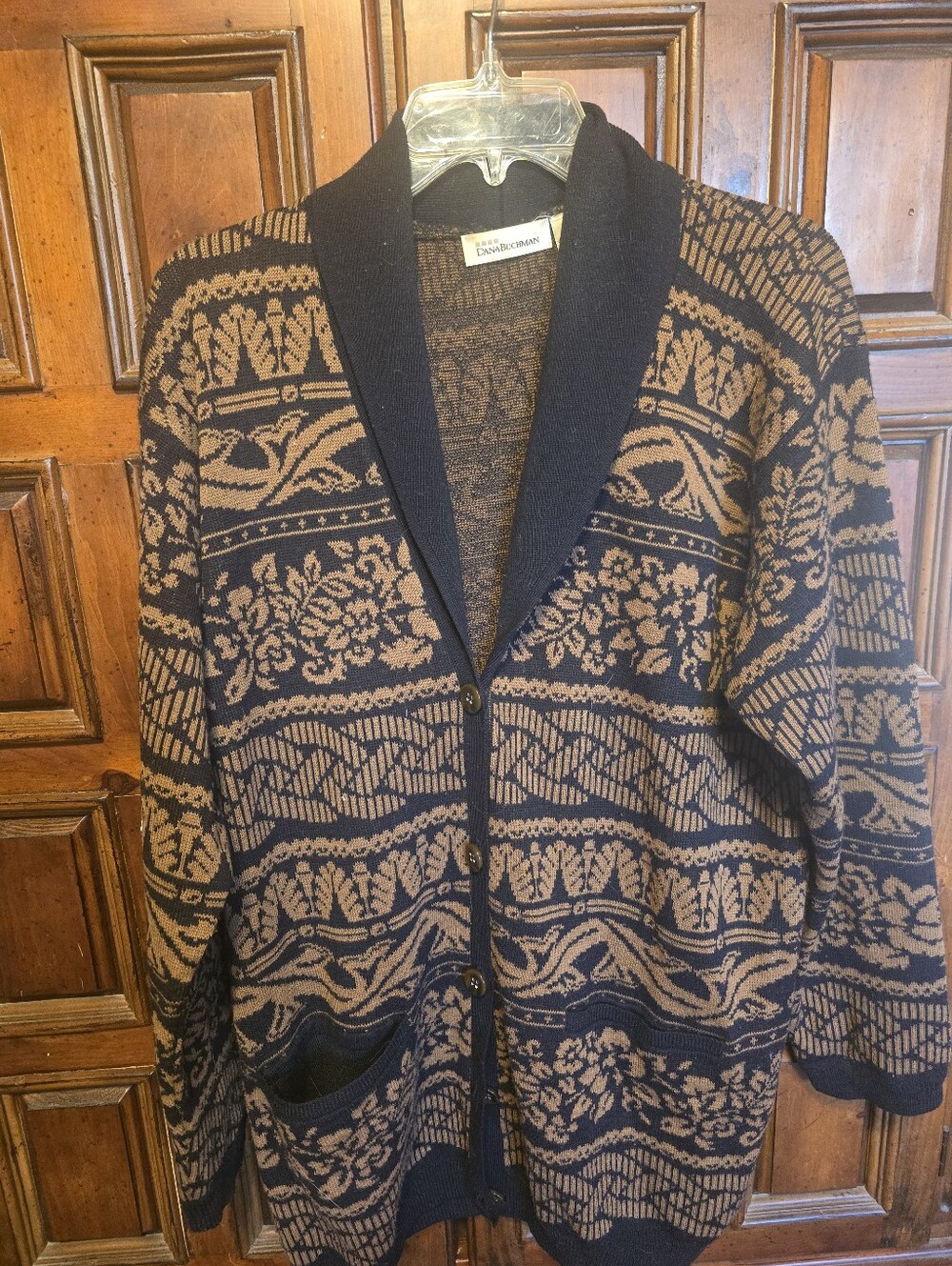 Dana Buchman Women’s Cardigan Sweater Sz Med Floral Tan Black Shawl Collar Wool